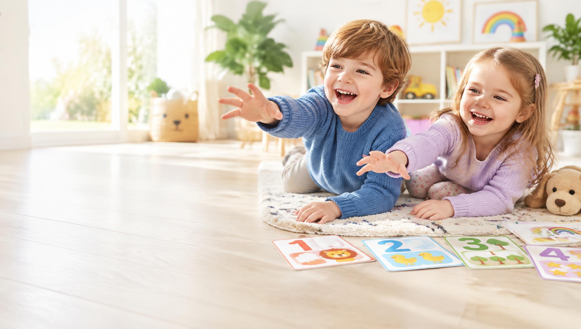 Two kids laughing and playing on a playroom floor
